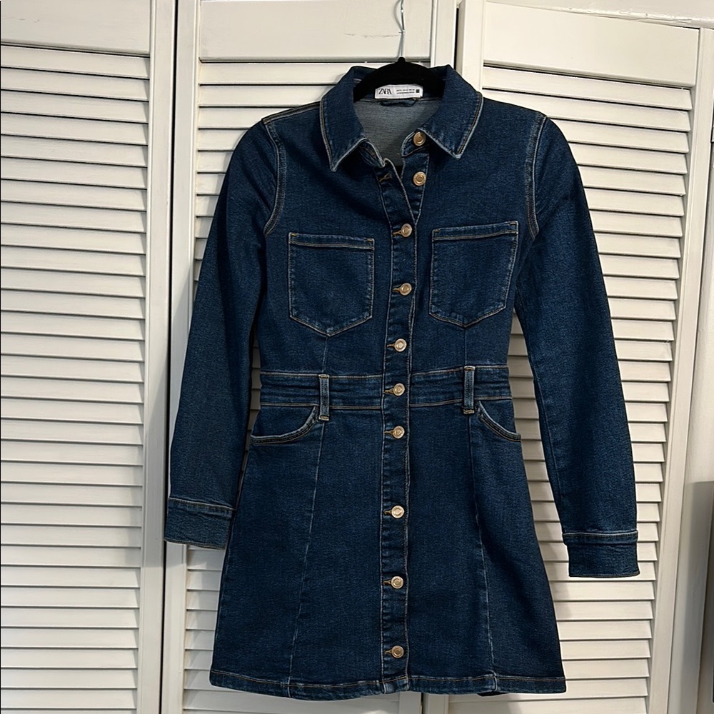 Zara Dark Blue Denim Button-Up mini Dress